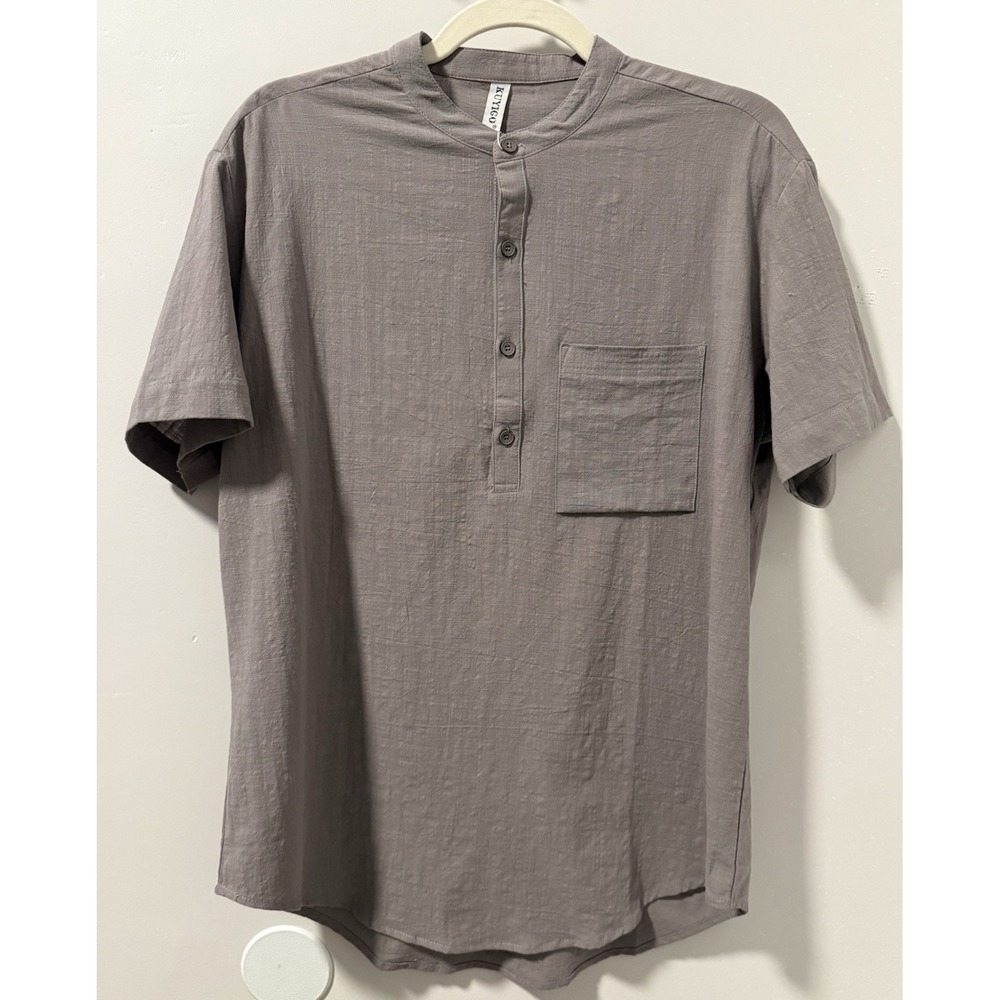 NWT KUYIGO Cotton Linen Men's Banded Collar Shirt S Short Sleeve Pocket Casual